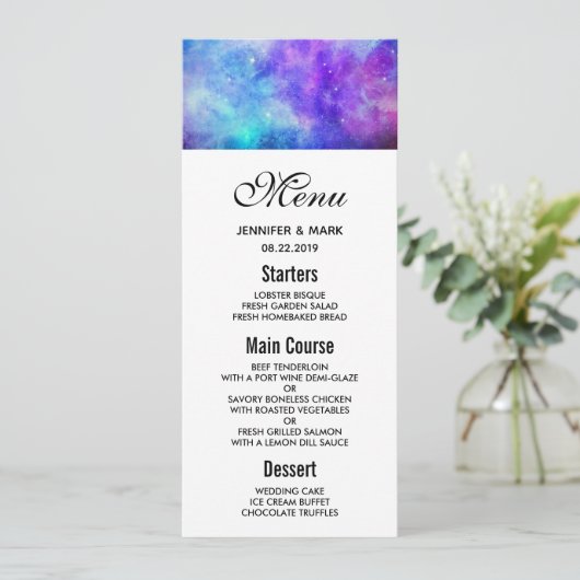 Invitation Menu Mariage Abstrait de l'espace de galaxie viole (Debout devant)