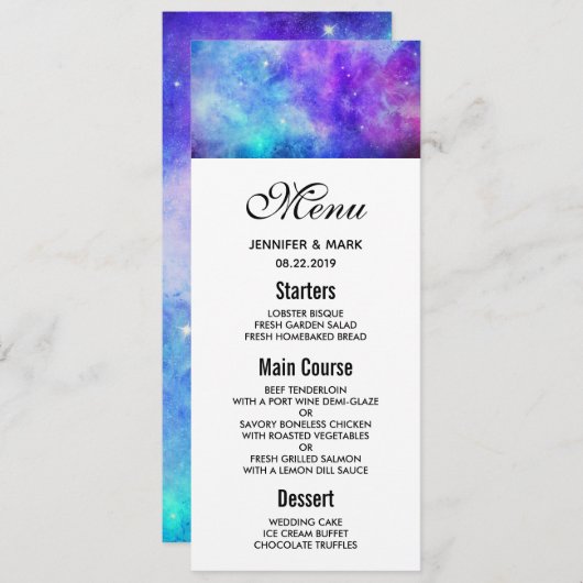 Invitation Menu Mariage Abstrait de l'espace de galaxie viole (Devant / Derrière)