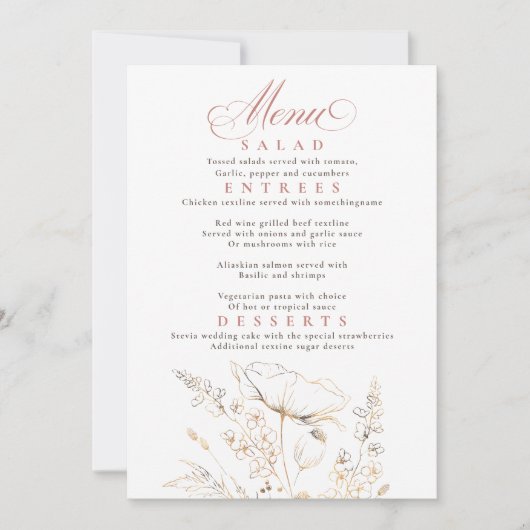 Invitation Menu Mariage blanc Fleur sauvage d'or (Devant)