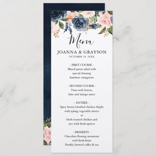 Invitation Menu Mariage bleu bleu bleu rose bleu marine (Devant / Derrière)