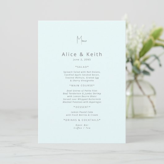 Invitation Menu Mariage bleu glace (Debout devant)