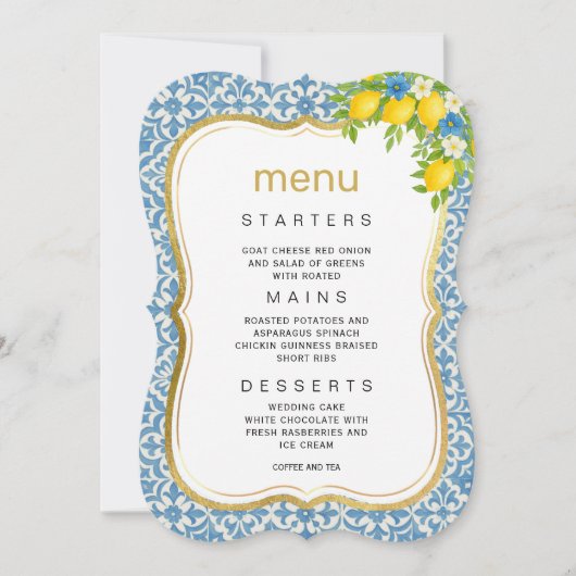 Invitation Menu Mariage Citron et Carrelage Bleu Méditerranée (Devant)