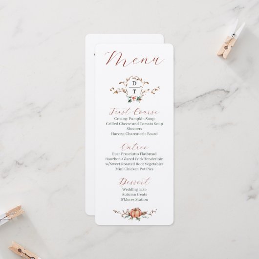 Invitation Menu Mariage de automne romantique avec orange et  (Devant/Arrière en situation)