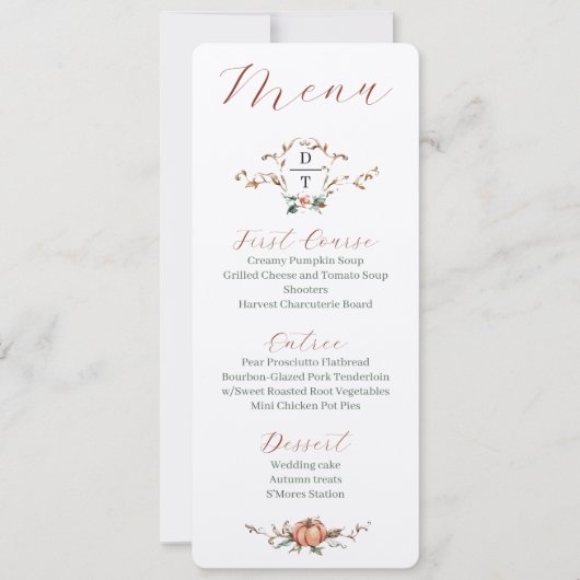 Invitation Menu Mariage de automne romantique avec orange et (Devant)