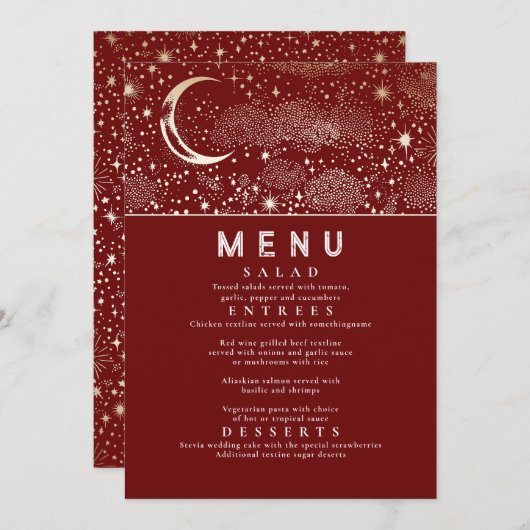 Invitation Menu Mariage de la Lune de nuit étoilée céleste (Devant / Derrière)