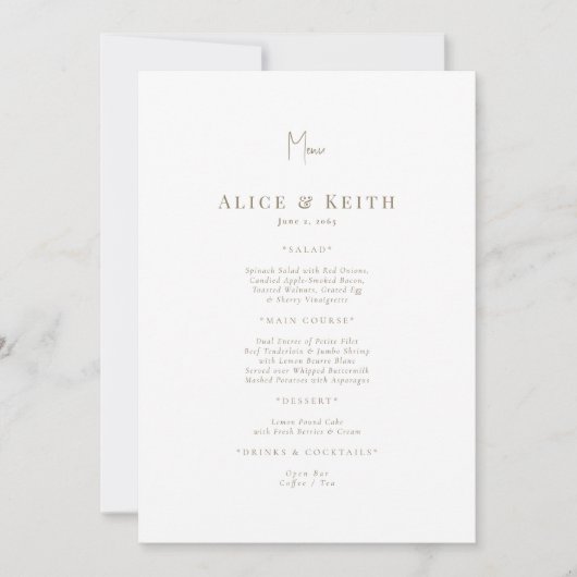Invitation Menu Mariage de texte Gold blanc (Devant)