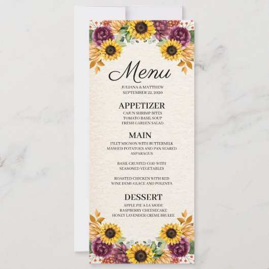 Invitation Menu Mariage floral tournesol d'automne (Devant)