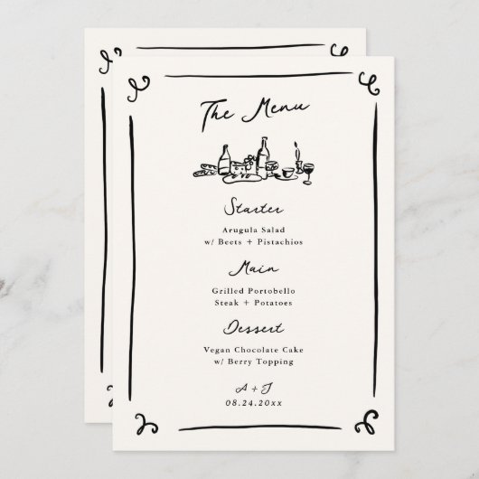 Invitation Menu Mariage main dessinée (Devant / Derrière)