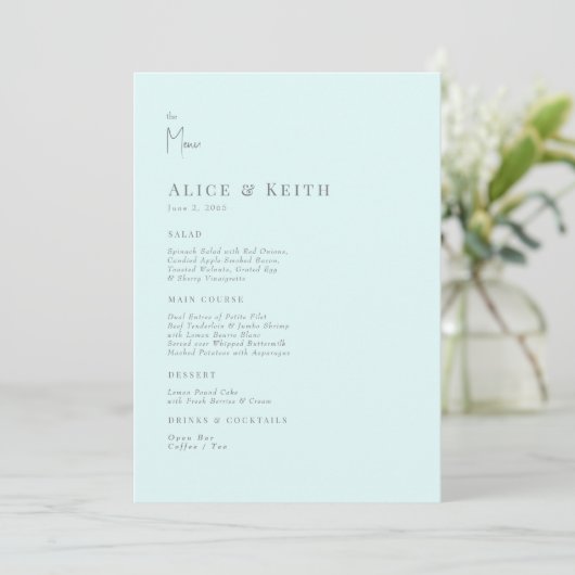 Invitation Menu Mariage moderne Seafoam (Debout devant)