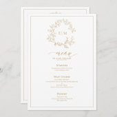 Invitation Menu Mariage Monogram Gold Leafy Crest (Devant / Derrière)