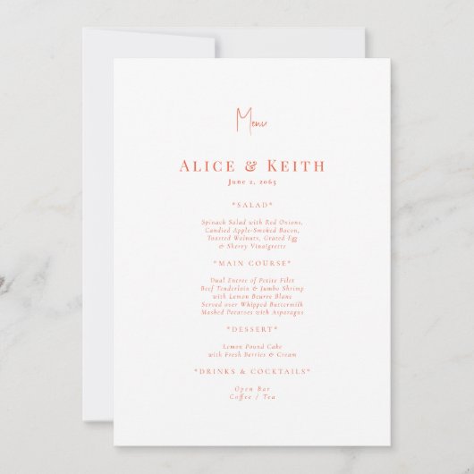 Invitation Menu Mariage orange et blanc (Devant)