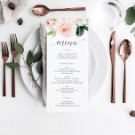 Invitation Menu Mariage ou menu Fête des mariées Flusch Bloom<br><div class="desc">Affichez votre délicieux menu sur ces jolies cartes - taille parfaite à placer sur chaque assiette! Ce design présente une jolie police de caractères et un beau bouquet de fleurs blush. Modifiez facilement les produits alimentaires !</div>