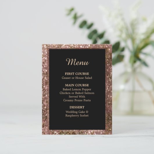 Invitation Menu Mariage Parties scintillant or rose (Debout devant)