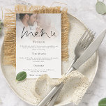 Invitation Menu Mariage photo de script moderne<br><div class="desc">Téléchargement numérique imprimable ou Mariage photo de script moderne imprimé Menu. Un design élégant avec votre photo sur le bord supérieur derrière une couche de teinte graduée avec le texte partiellement superposé sur le dessus de votre image en bas. L'en-tête principal est dans un script stylé et le reste du...</div>