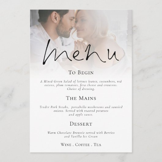 Invitation Menu Mariage photo de script moderne (Devant)