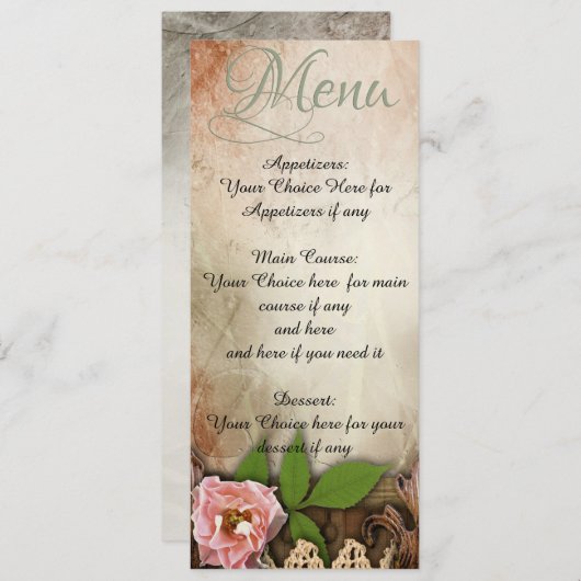 Invitation Menu Mariage Roses roses vintages (Devant / Derrière)