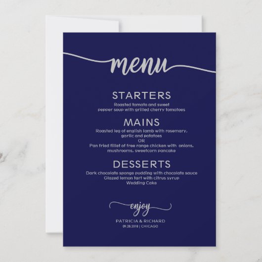Invitation Menu mariage Signal Calligraphie Marine Bleu Argen (Devant)