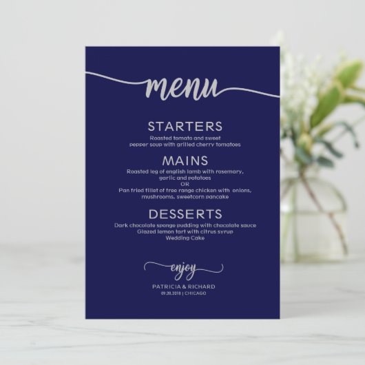 Invitation Menu mariage Signal Calligraphie Marine Bleu Argen (Debout devant)