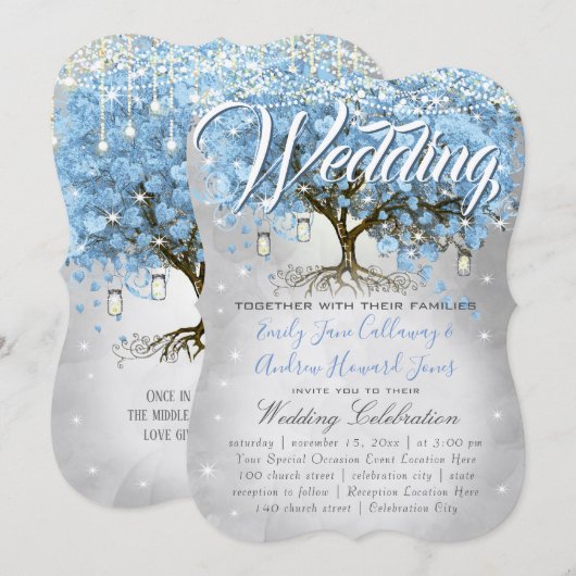 Invitation Menu Mason Jar Bleu Coeur Feutre Arbre Aquarelle (Devant / Derrière)