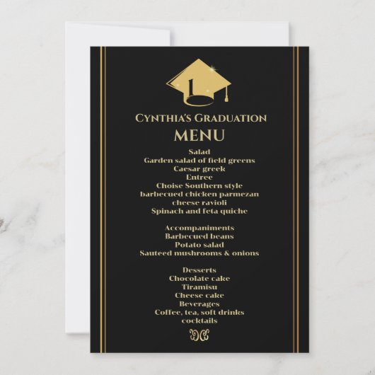 Invitation Menu Moderne Black Gold Graduation (Devant)