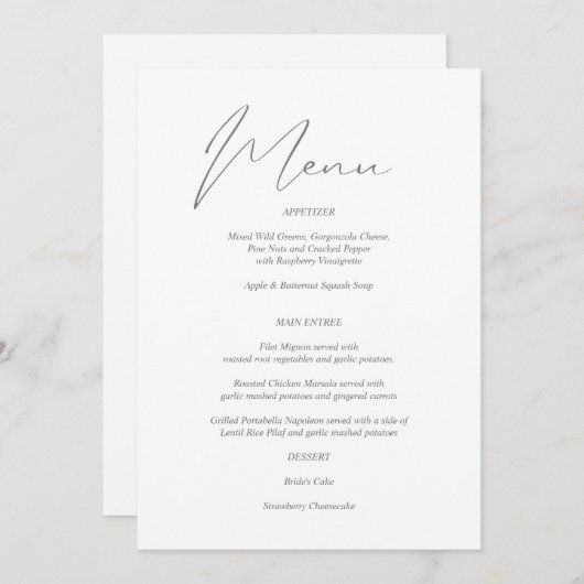 Invitation Menu moderne chic gris & blanc (Devant / Derrière)