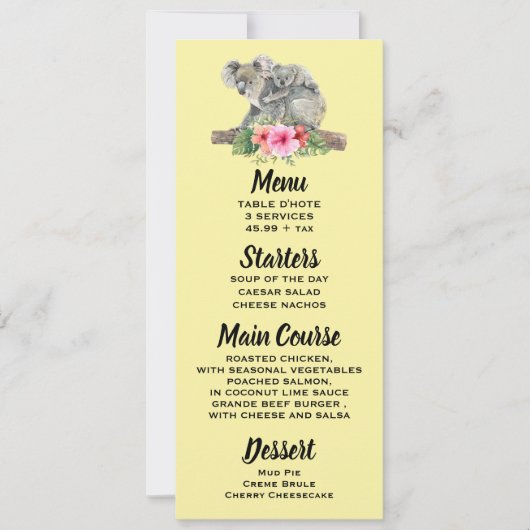 Invitation Menu Oursons Koalas Aquarelle Maman & Bébé (Devant)