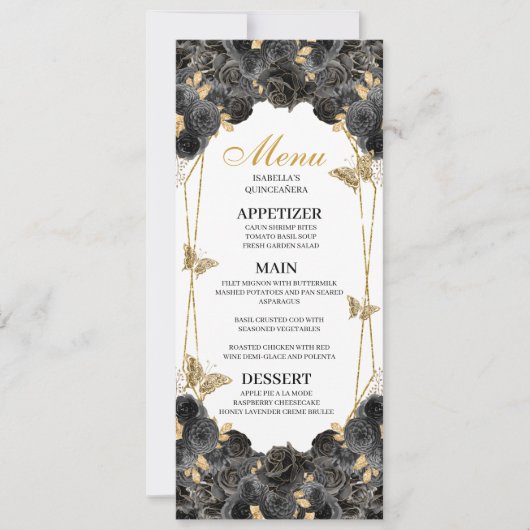 Invitation Menu Quinceanera Floral Noir et Or (Devant)