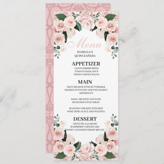 Invitation Menu Quinceanera Floral Rose (Devant / Derrière)