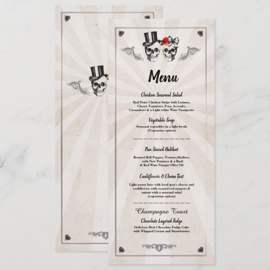 Invitation Menu Réception de Mariage Crânes Rustiques Roses (Devant / Derrière)