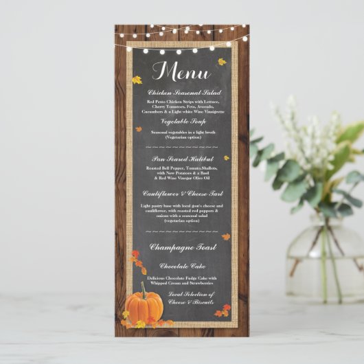 Invitation Menu Réception de Mariage Rustique Bois Citrouille (Debout devant)
