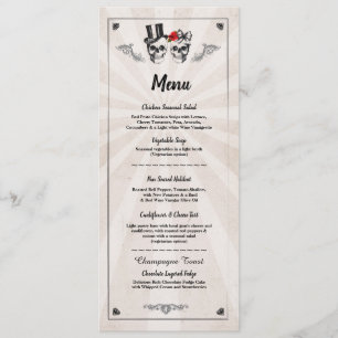 Invitation Menu Réception de Mariage Rustique Crânes Roses