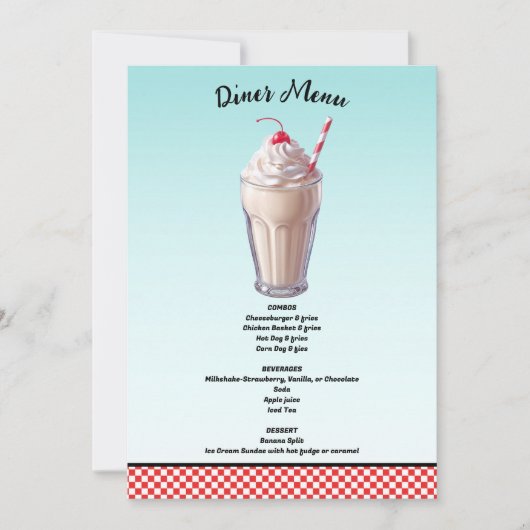 Invitation Menu Retro Diner Milkshake Ice Cree Party Menu (Devant)