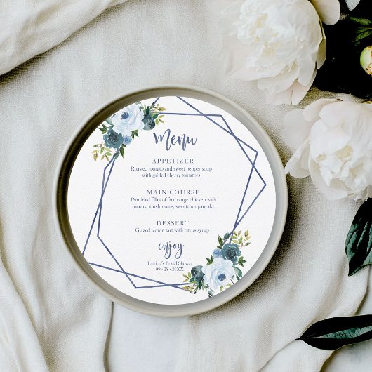 Invitation Menu Rond Fête des mariées Florale Bleu Dusty