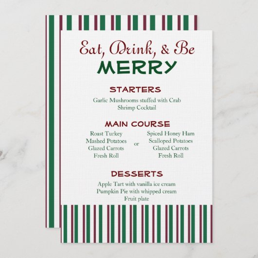 Invitation Menu rouge et vert de Noël (Devant / Derrière)