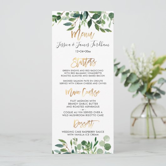 Invitation Menu Rustique Eucalyptus Faux Gold Script (Debout devant)