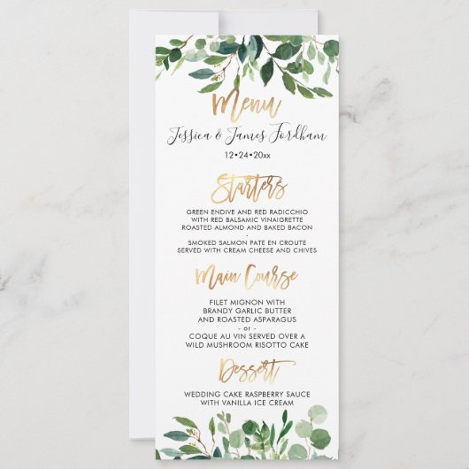 Invitation Menu Rustique Eucalyptus Faux Gold Script (Devant)