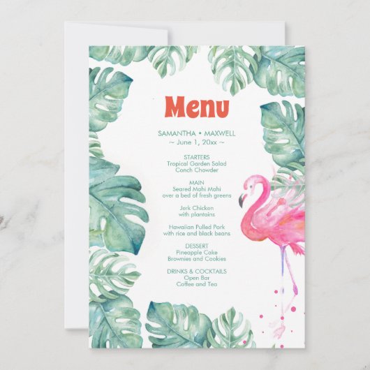 Invitation Menu tropical de Flamant rose d'aquarelle (Devant)