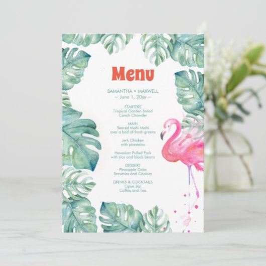 Invitation Menu tropical de Flamant rose d'aquarelle (Debout devant)