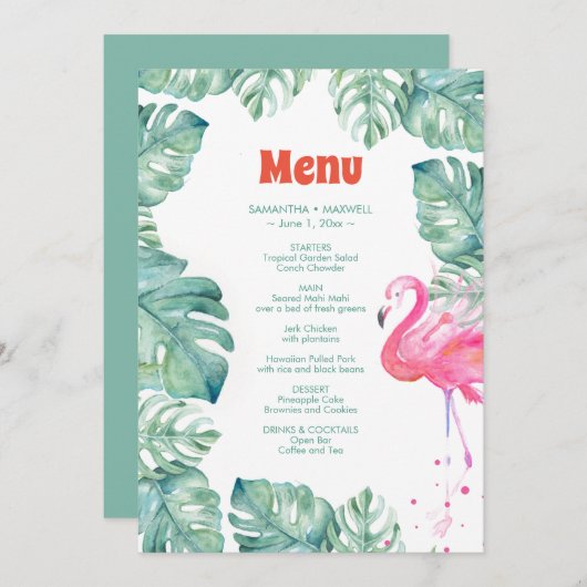 Invitation Menu tropical de Flamant rose d'aquarelle (Devant / Derrière)