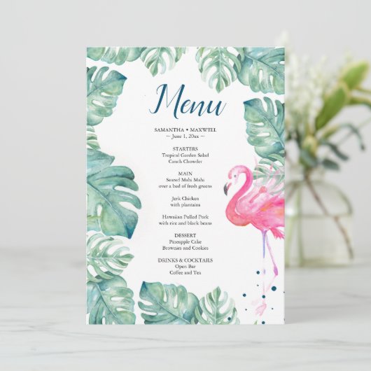 Invitation Menu tropical de Flamant rose d'aquarelle (Debout devant)