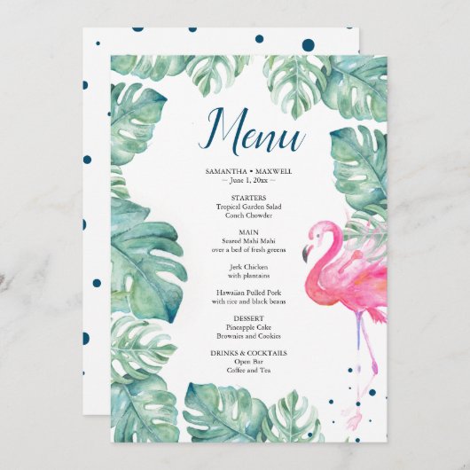 Invitation Menu tropical de Flamant rose d'aquarelle (Devant / Derrière)