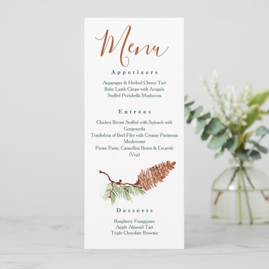 Invitation Menus de dîner de réception aux cônes de pin rusti (Debout devant)