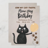 Invitation Meow-zing Anniversaire ! Chat Noir Rejoignez Mon C (Devant / Derrière)