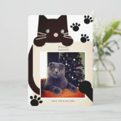 Invitation Meowny Christmas Black Cat White Photo Holiday Car (Debout devant)