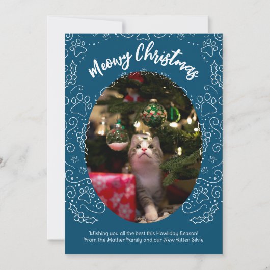 Invitation Meowy Christmas Chat Pet Christmas Card Bleu foncé (Devant)