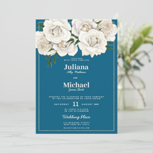Invitation Mer bleu blanc or parties scintillant rose Mariage (Debout devant)