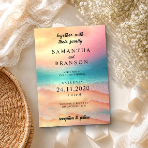 Invitation Mer moderne bleu rose Plage de sable aquarelle