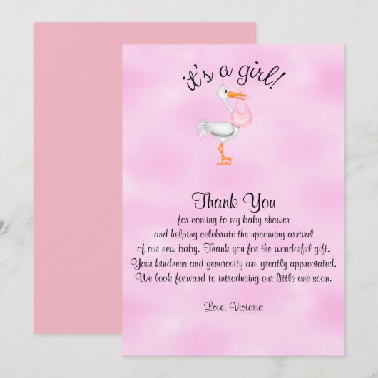 Invitation Merci Baby shower C'est une cigogne de petite fill (Devant / Derrière)