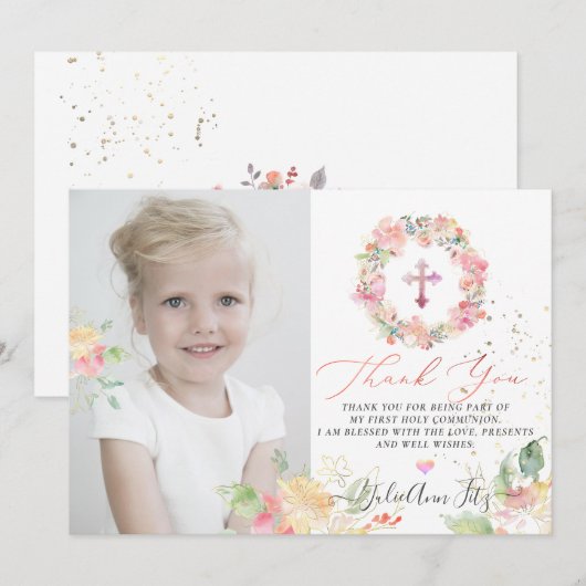 Invitation Merci de communion Rose (Devant / Derrière)