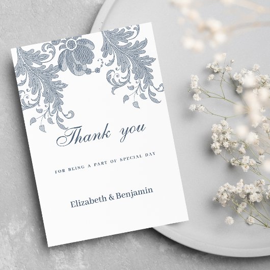 Invitation Merci de dentelle bleu mauve blanc élégant